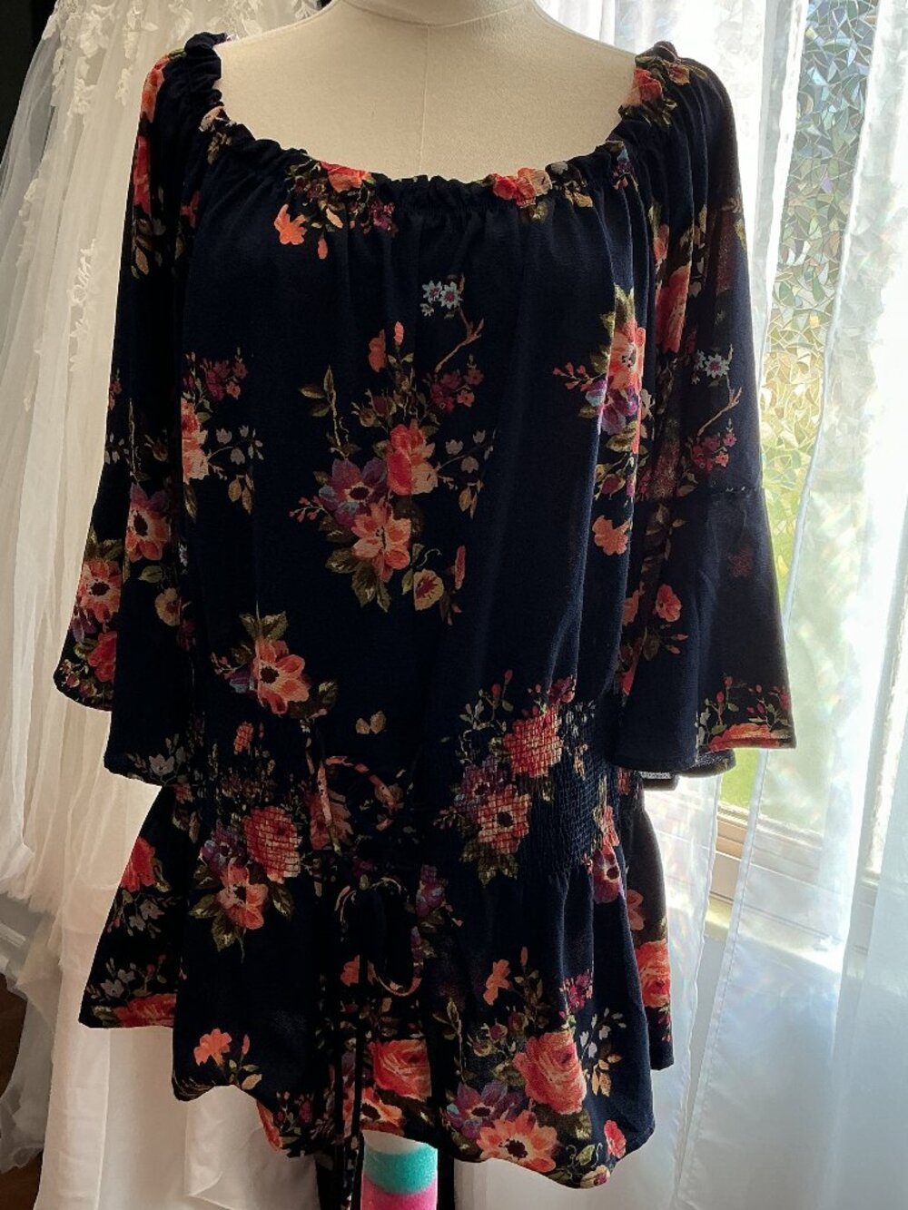 Wishful Plus Size Navy Floral Off-the-Shoulder Peasant Blouse 2X Boho